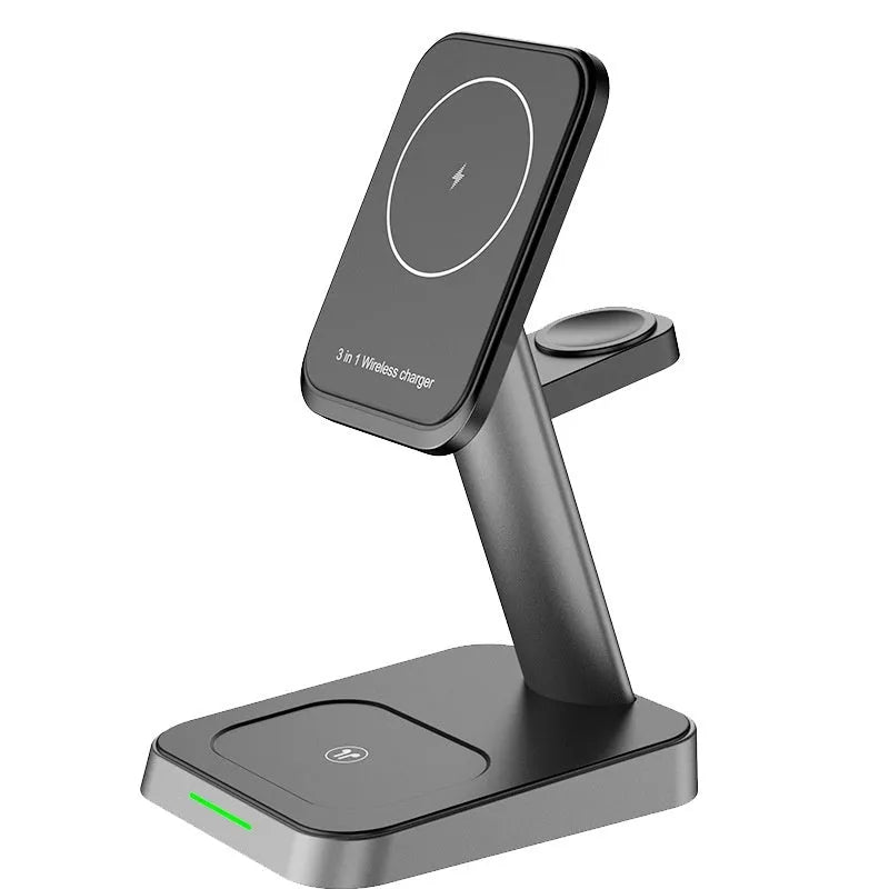 Black cube-shaped 3-in-1 vertical wireless charging stand and portable power bank on a desk.