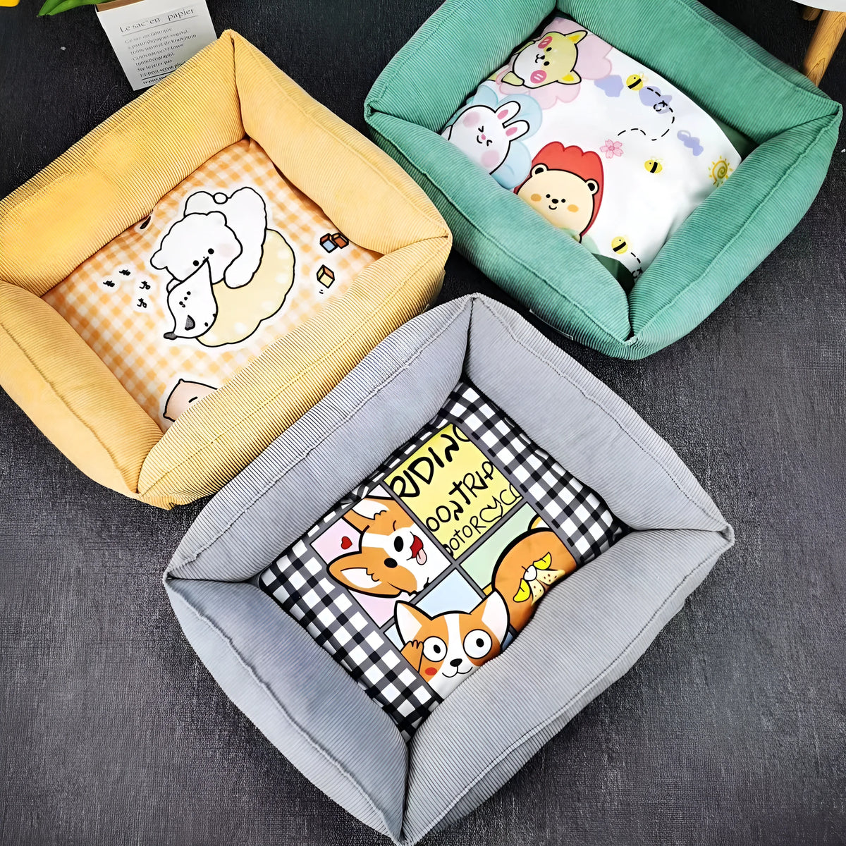 Soft cotton pet nest for dogs and cats in light blue, filled with PP cotton, shown in a home setting.