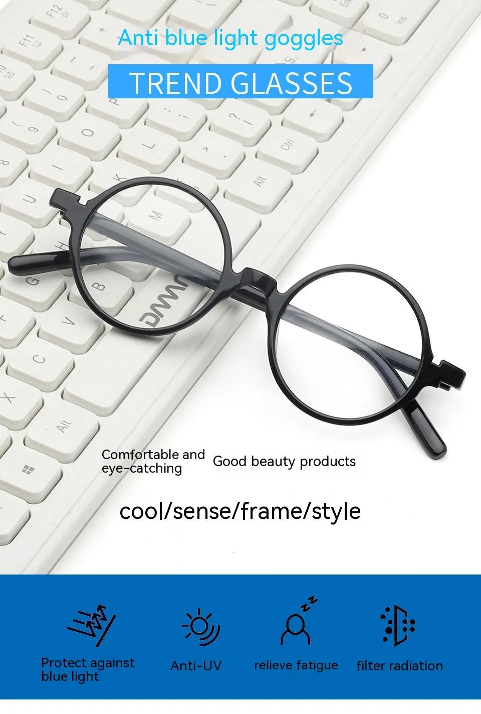 Artistic retro round glasses frame in bright black, sand black, tofu pudding, or transparent grey colours