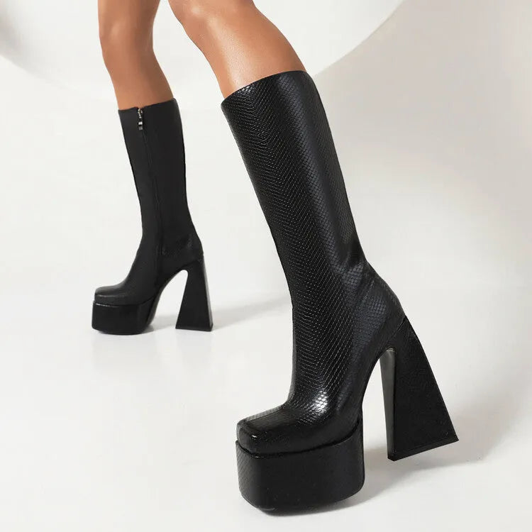 Women's artificial PU high boots in black, red, blue, or white colours showing casual styling