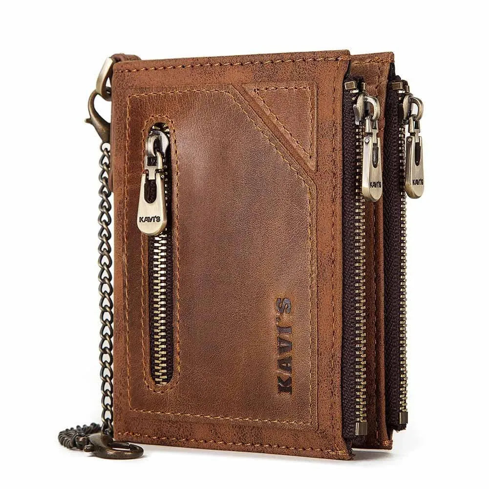 Brown genuine leather men's wallet with RFID anti-theft protection and metal chain detail