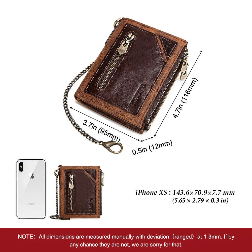 Brown genuine leather men's wallet with RFID anti-theft protection and metal chain detail