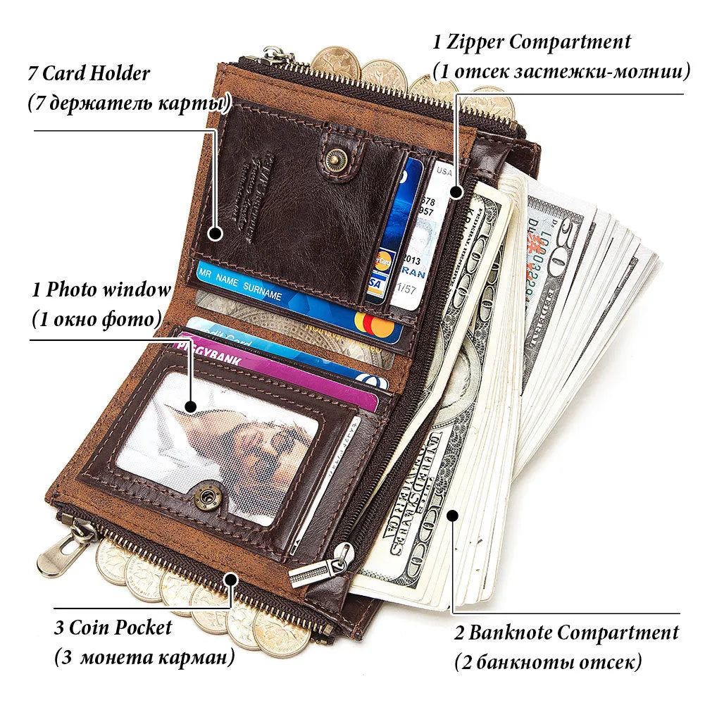 Brown genuine leather men's wallet with RFID anti-theft protection and metal chain detail