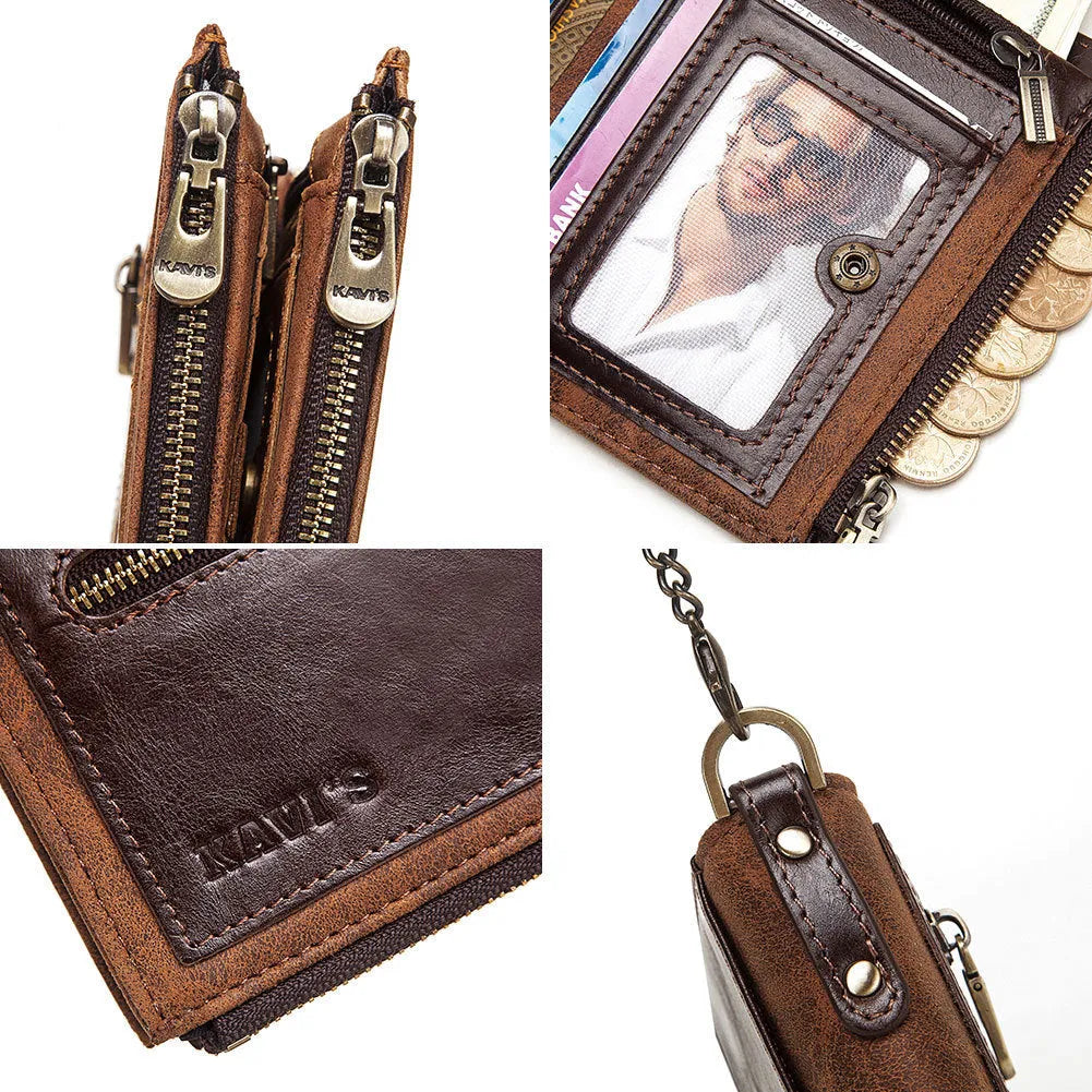 Brown genuine leather men's wallet with RFID anti-theft protection and metal chain detail