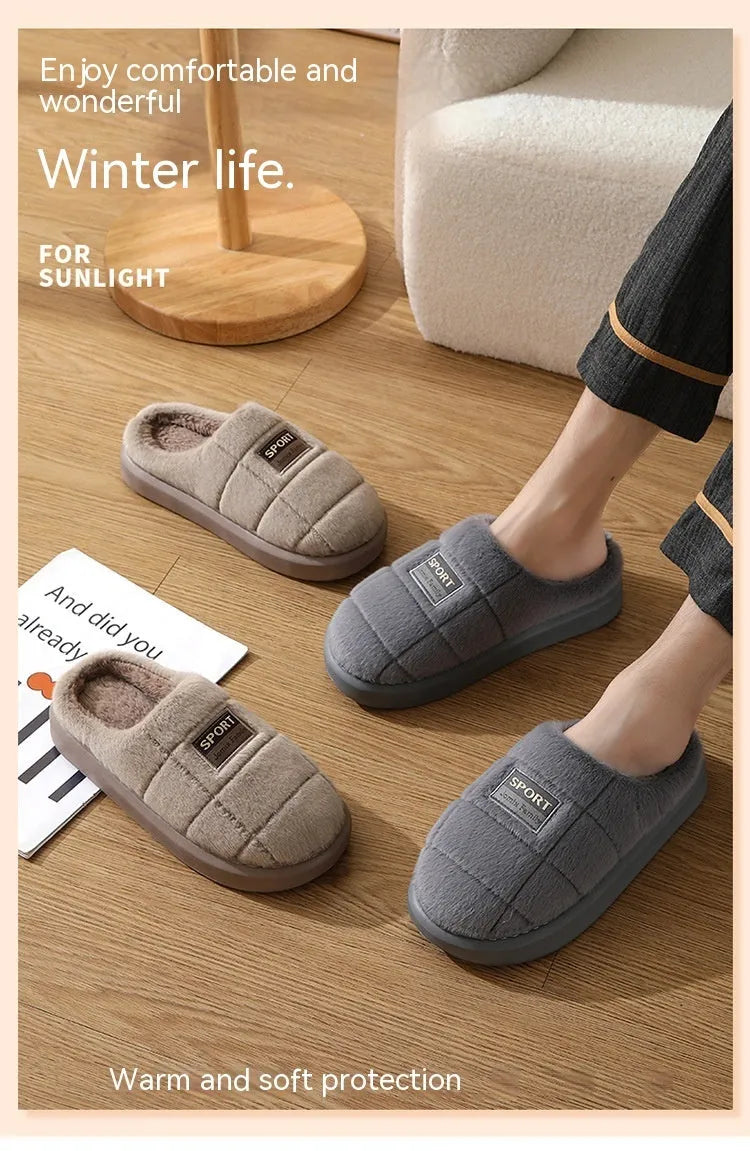 Men's grey and brown plaid winter slippers with a thick sole and artificial wool lining.