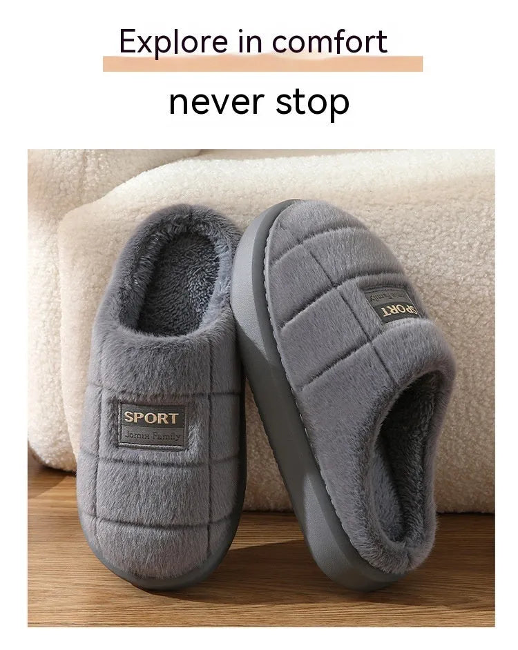 Men's grey and brown plaid winter slippers with a thick sole and artificial wool lining.