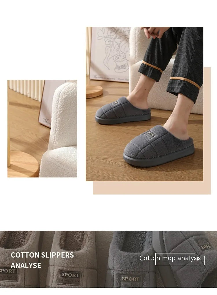 Men's grey and brown plaid winter slippers with a thick sole and artificial wool lining.