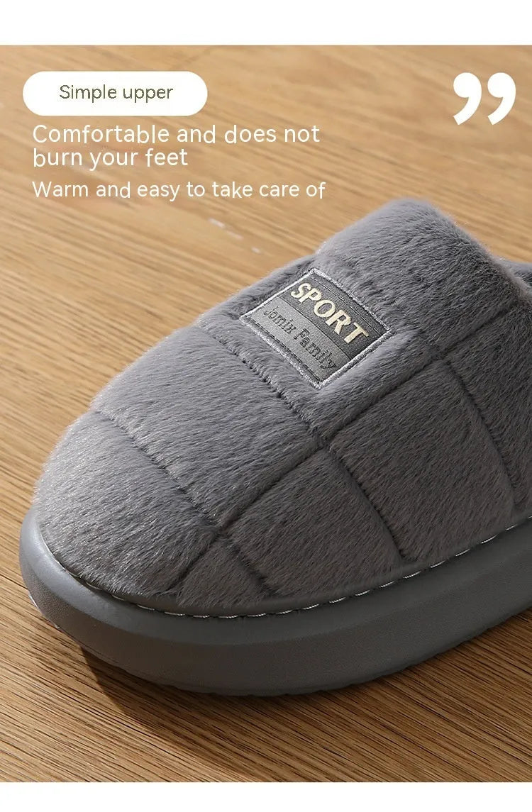 Men's grey and brown plaid winter slippers with a thick sole and artificial wool lining.