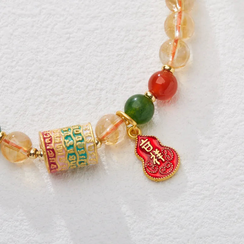 Hand-woven citrine five sutra bracelet with geometric five-warp pattern and 6mm crystal beads