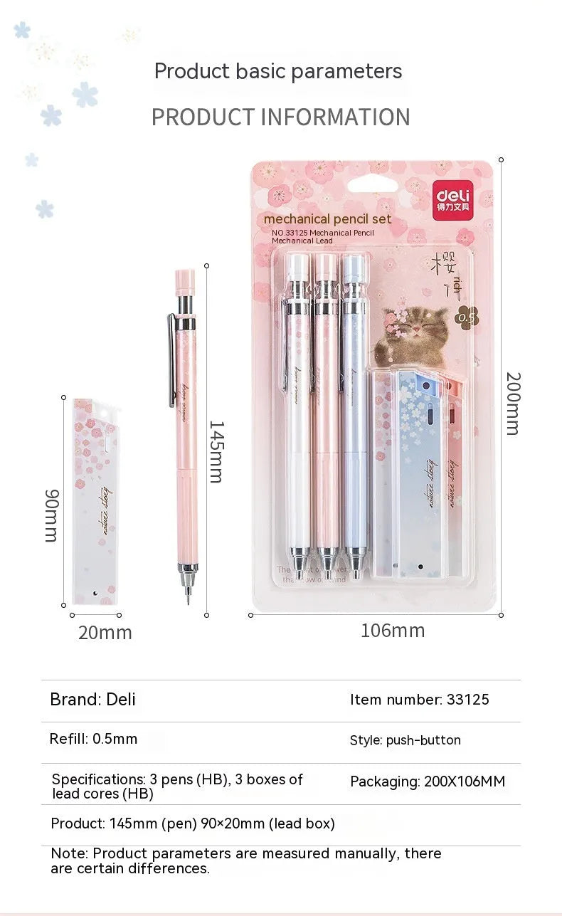 Simplified 0.5mm cartoon automatic pencil set with three pencils and HB refill boxes