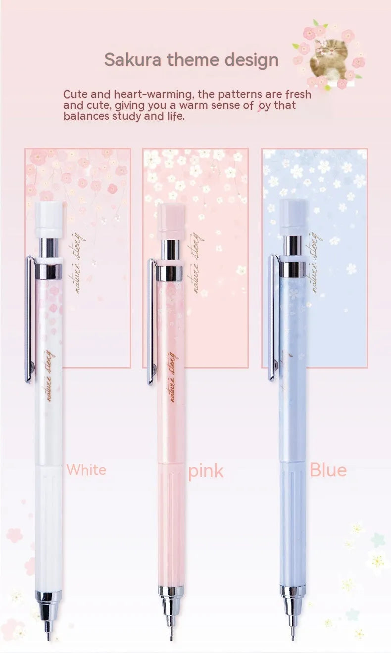 Simplified 0.5mm cartoon automatic pencil set with three pencils and HB refill boxes