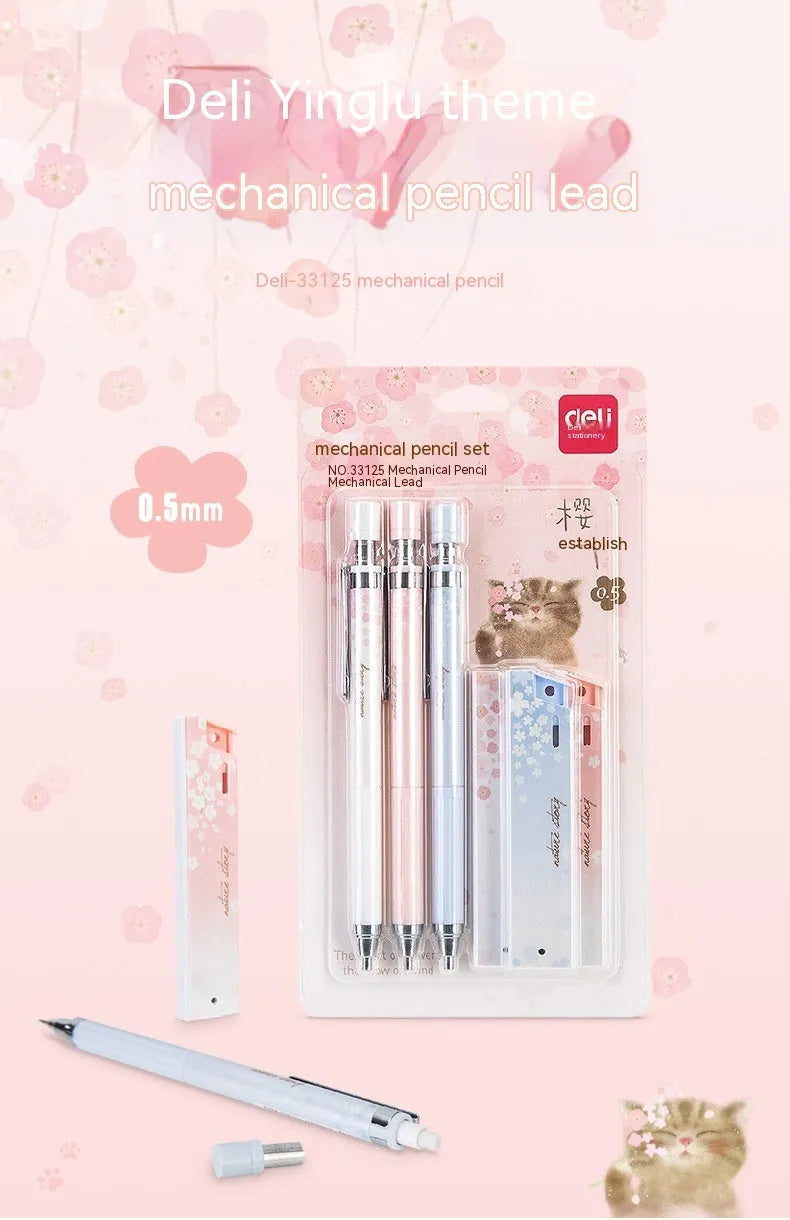 Simplified 0.5mm cartoon automatic pencil set with three pencils and HB refill boxes