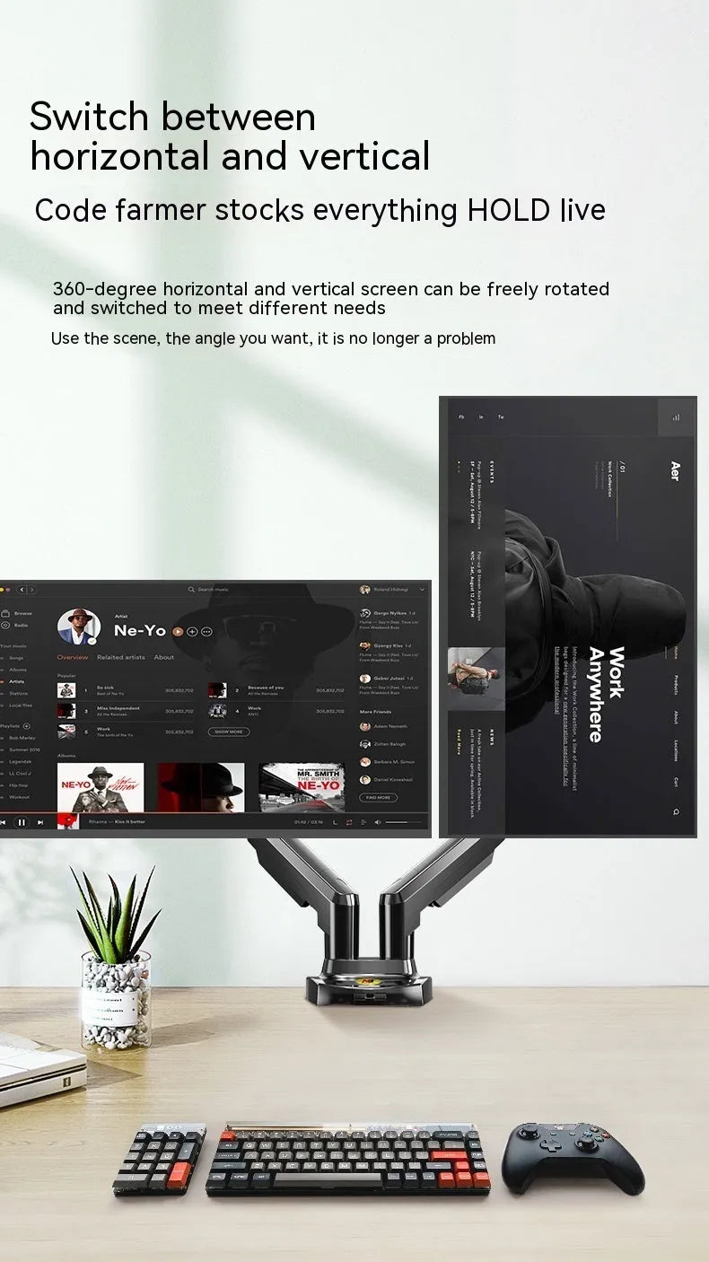 Dual screen lifting monitor bracket for VESA compatible monitors in aluminium and plastic construction.