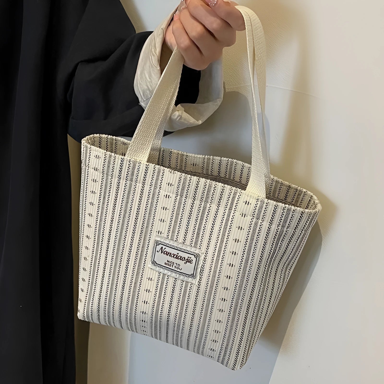 Japanese style corduroy handbag in dark brown, gray, or ivory white with large capacity for daily use