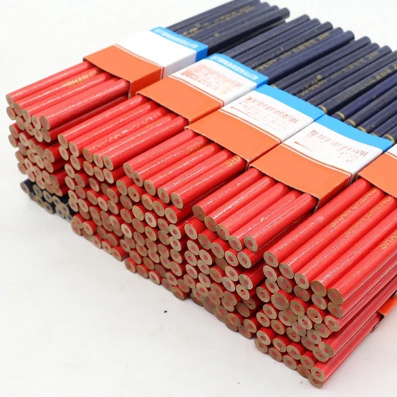 Red and blue two-colour carpenter's pencils with wooden round shells in 10-piece pack