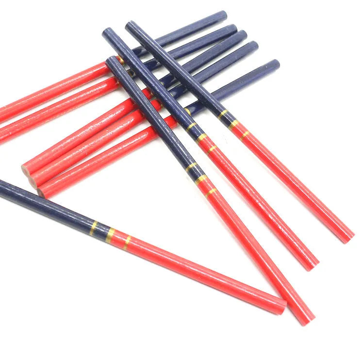 Red and blue two-colour carpenter's pencils with wooden round shells in 10-piece pack
