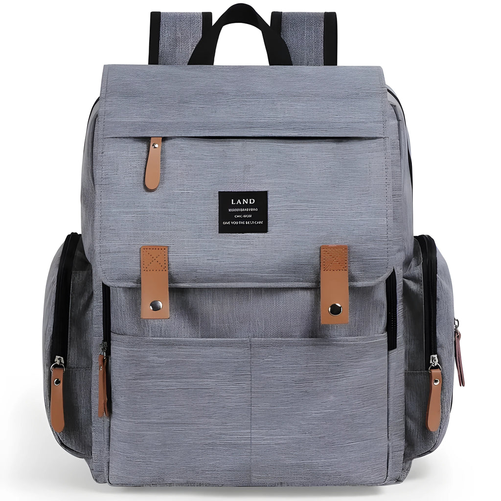 LAND Mommy MPB86 large grey oxford cloth diaper backpack with shoulder straps and changing mat.
