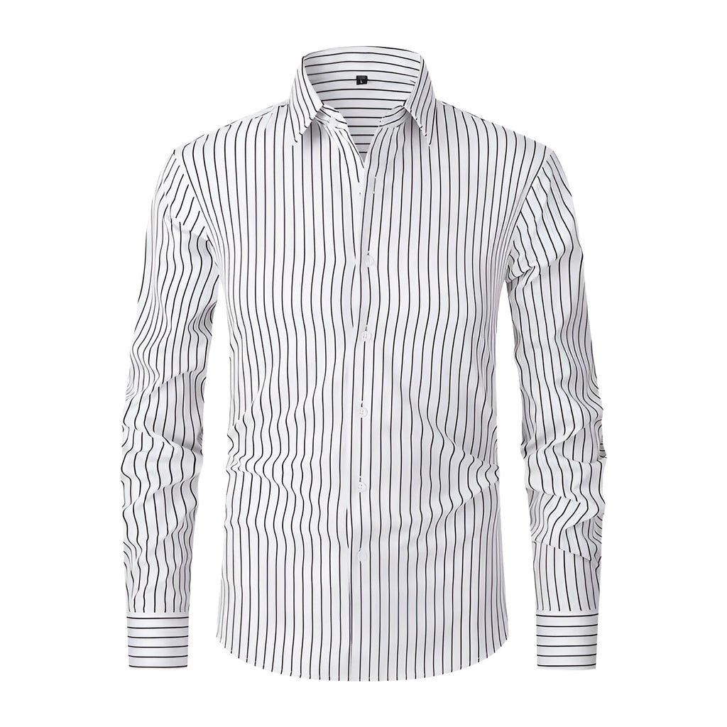 Men's slim fit striped long sleeve business shirt in a polyester blend fabric on a hanger.
