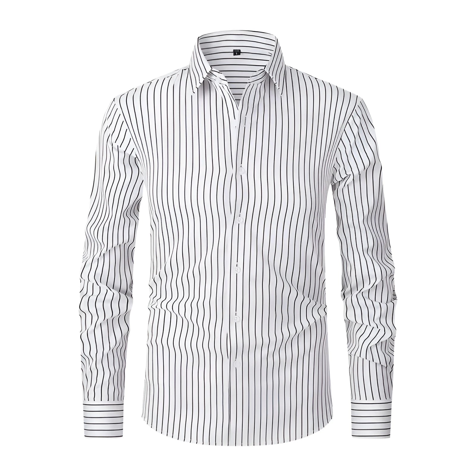 Men's slim fit striped long sleeve business shirt in a polyester blend fabric on a hanger.