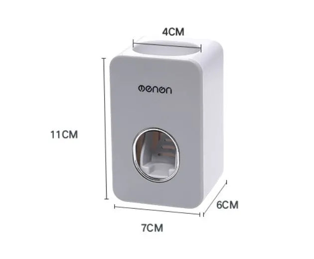 White and grey wall mounted automatic toothpaste dispenser with toothbrush rack, shown in grey, green and pink colour options.