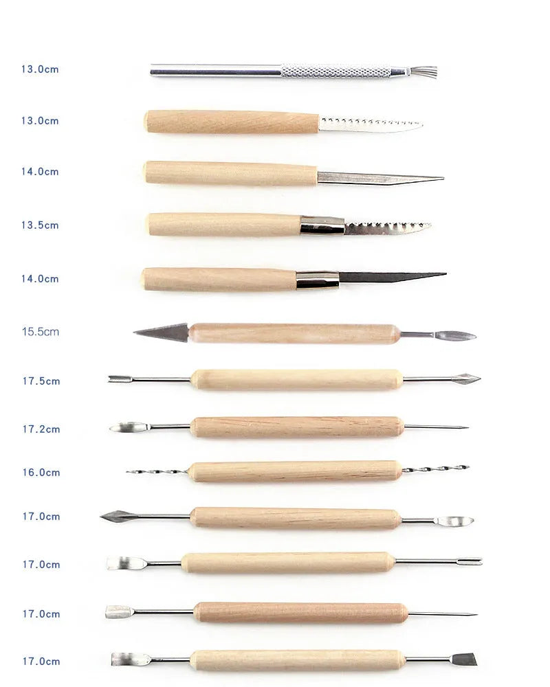 27-piece brown pottery clay tool set with stainless steel, wooden and plastic tools rolled in an OPP storage bag