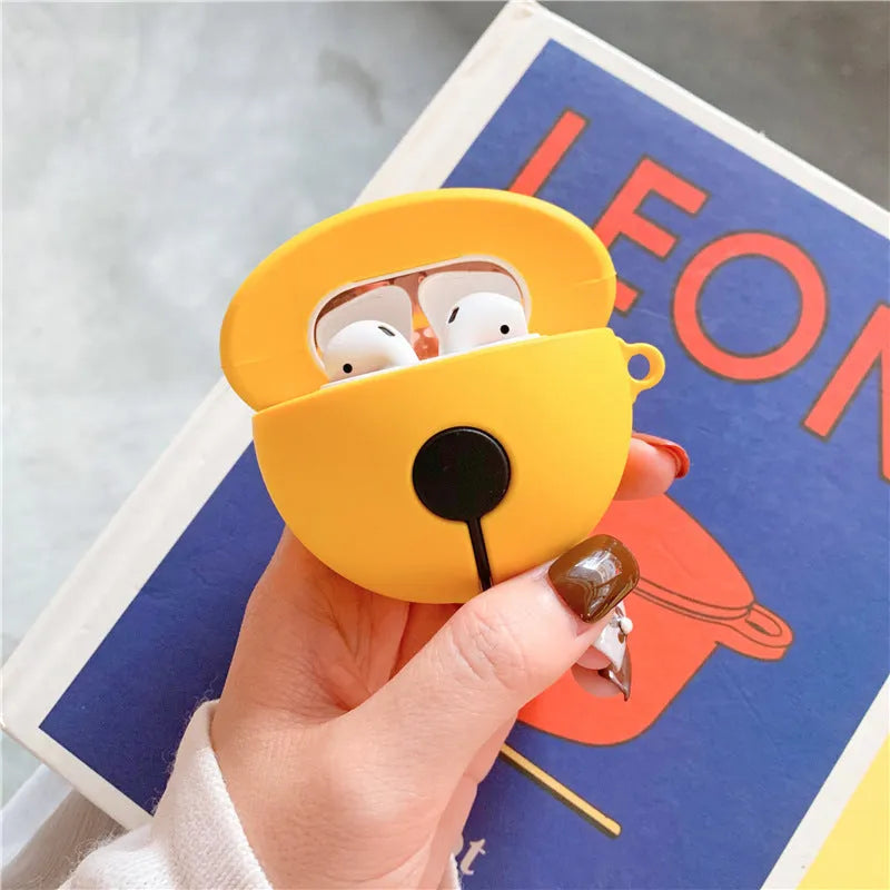 Yellow silicone case with a bell charm and keyring for Apple AirPods 1 and 2 generation.