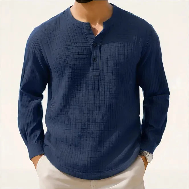 Men's slim fit cotton linen blend long sleeve shirt in Army Green with 3/4 sleeves and round neck