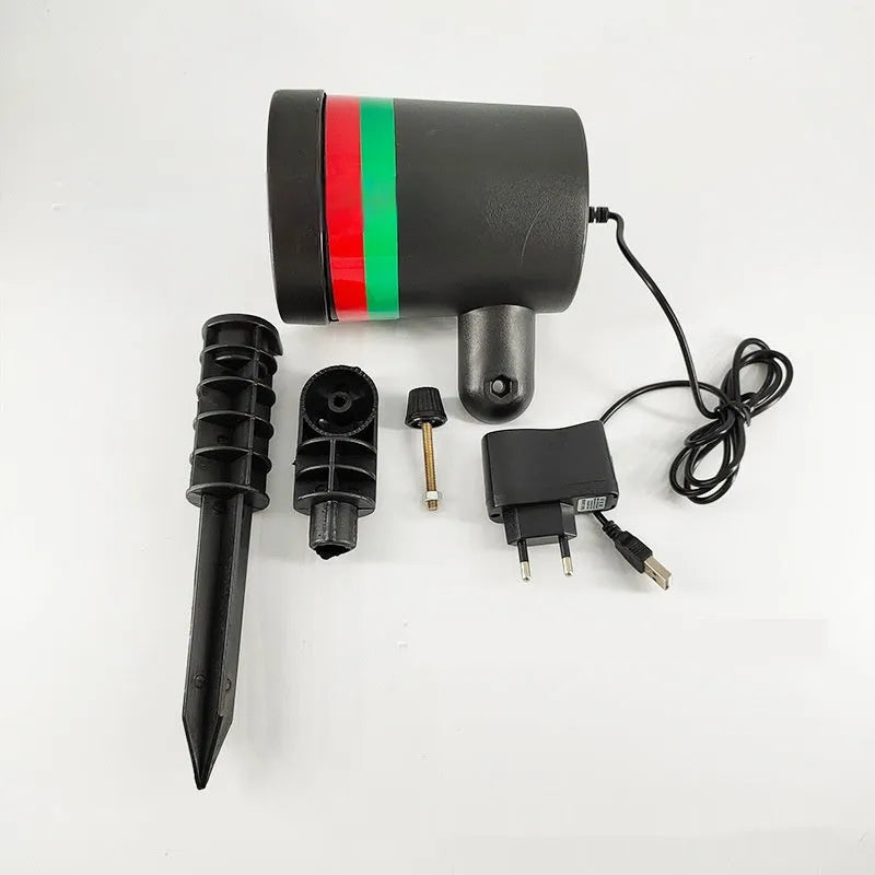 Christmas projection lamp with starry laser effect, IP44 rating, plastic housing, for outdoor courtyard and garden use.