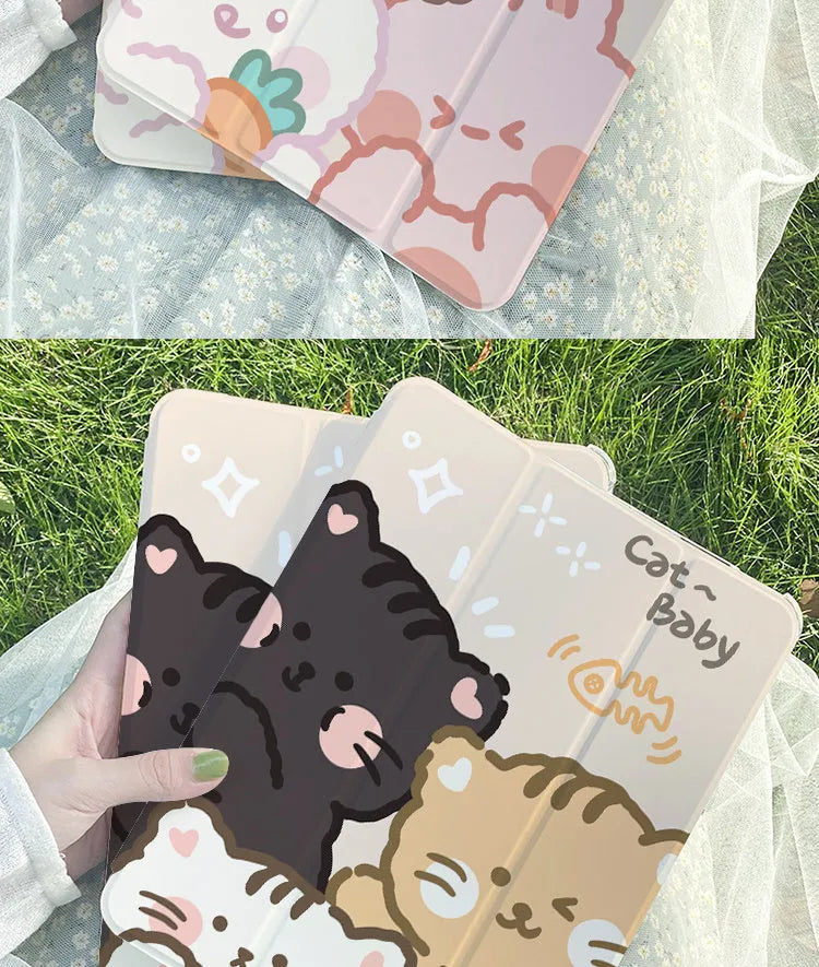 Silicone iPad case with cartoon rabbit pattern folded into viewing stand position