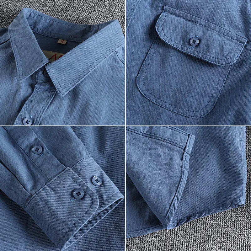Men's light blue cotton long sleeve shirt in a cardigan style on a hanger.