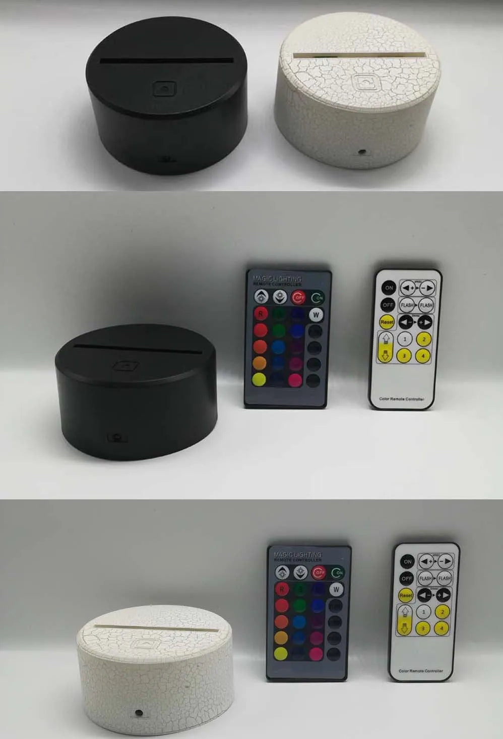 3D night light with acrylic board and black ABS base, showing seven colours and USB cable