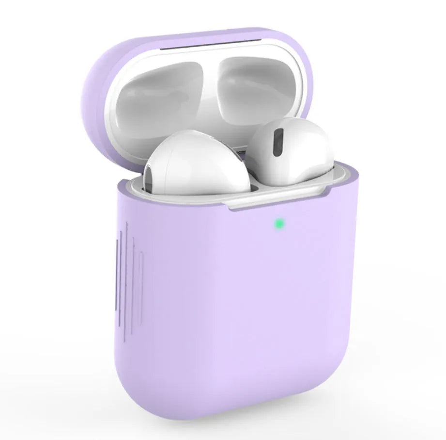 Silicone protective case for AirPods 2 wireless earbuds in assorted colours on a white background.