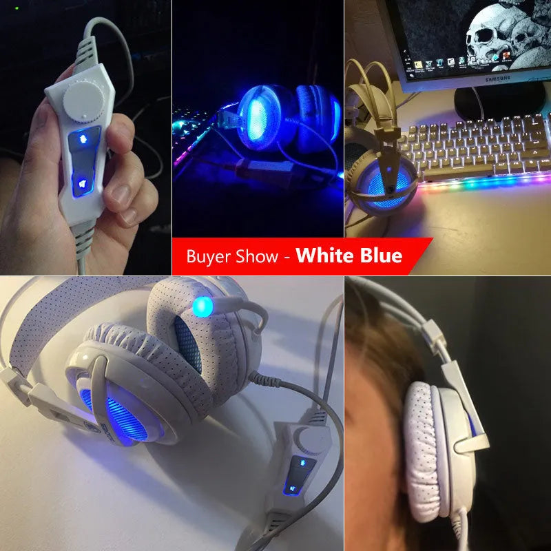 Black or white 7.1 channel USB gaming headset with LED lights and 40mm speakers