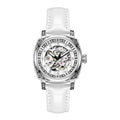 Leather strap mechanical watch with luminous hands showing 10 metre water resistance rating.