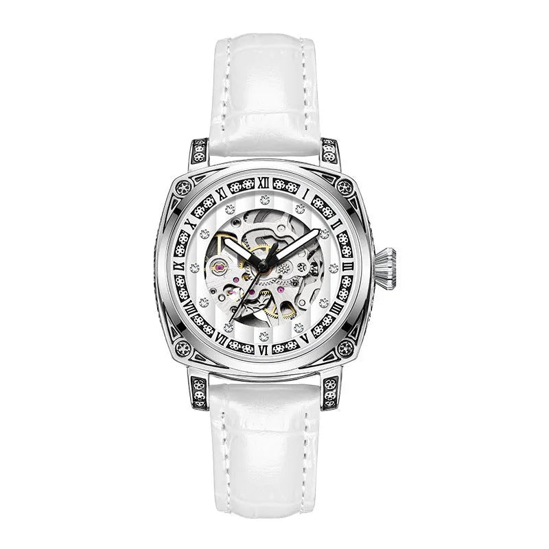 Leather strap mechanical watch with luminous hands showing 10 metre water resistance rating.