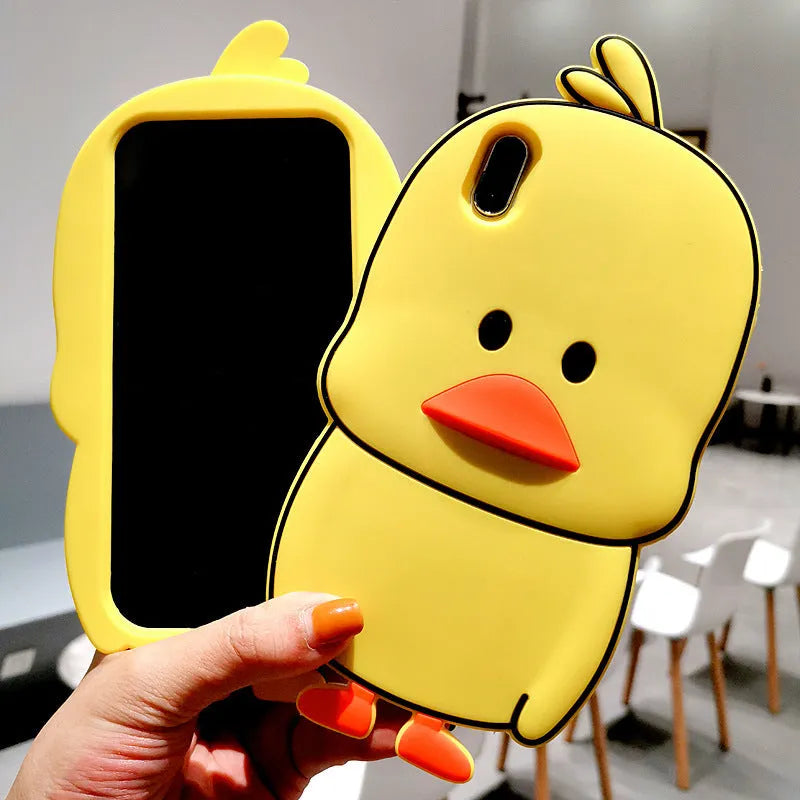 Green silicone iPhone case with animal cartoon design showing waterproof protective features