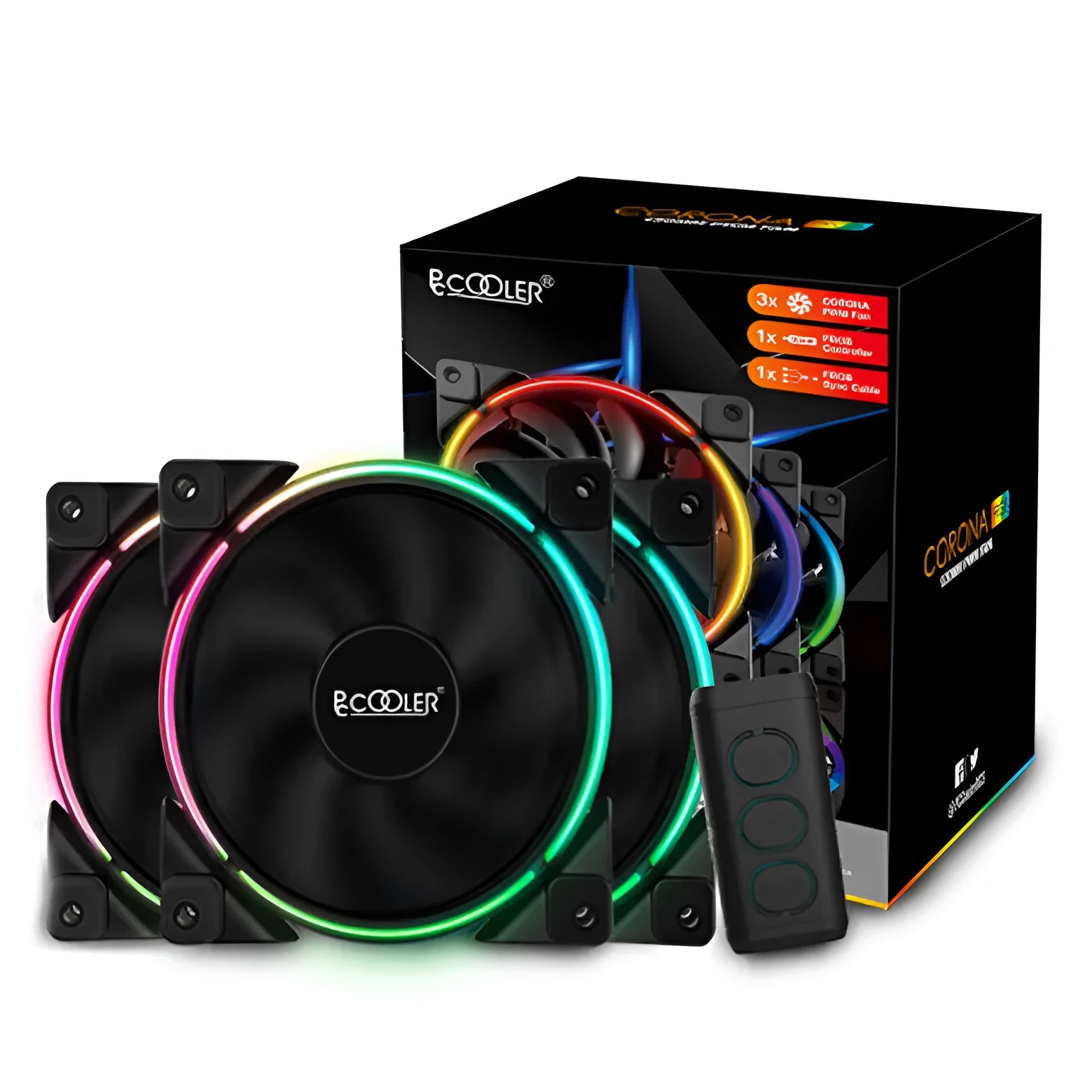Set of three black 120mm RGB cooling fans for a PC case.