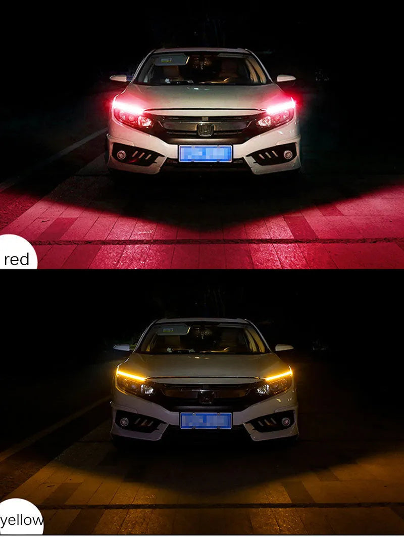 Car LED daytime running light strip with flowing turn signal in waterproof silicone, showing wire connections