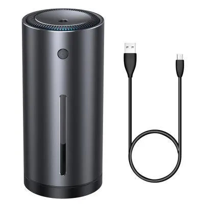 Black aluminium alloy car diffuser humidifier with USB cable on a car dashboard