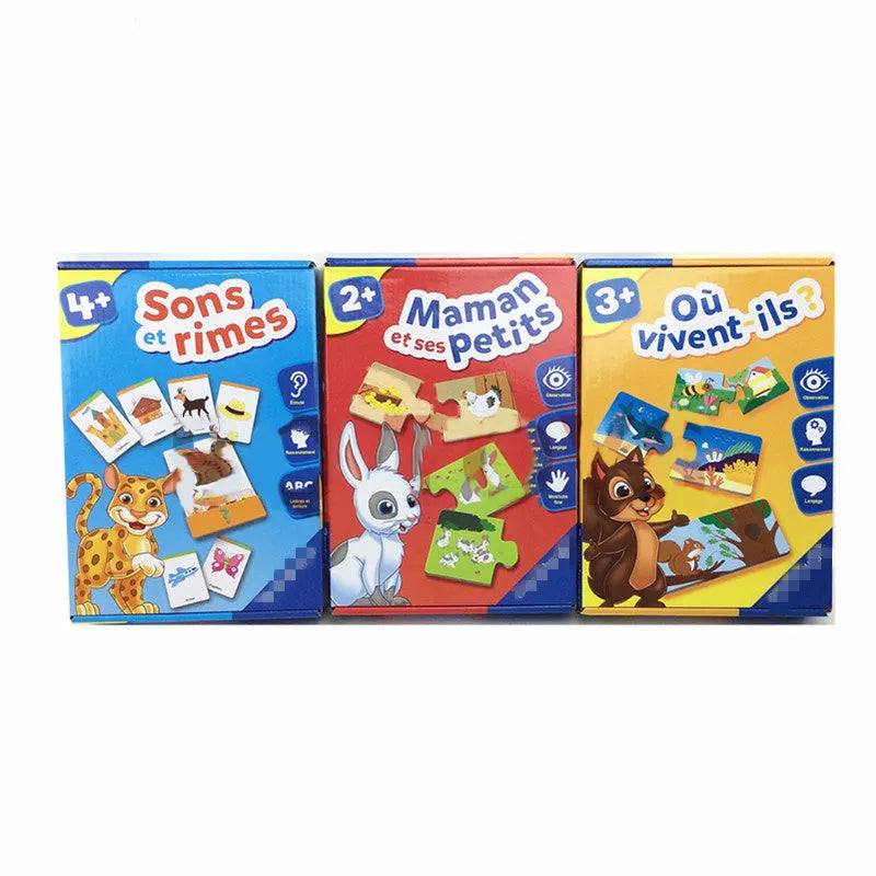 French children's puzzle toy with colourful picture cards and matching word cards made of thickened paper.