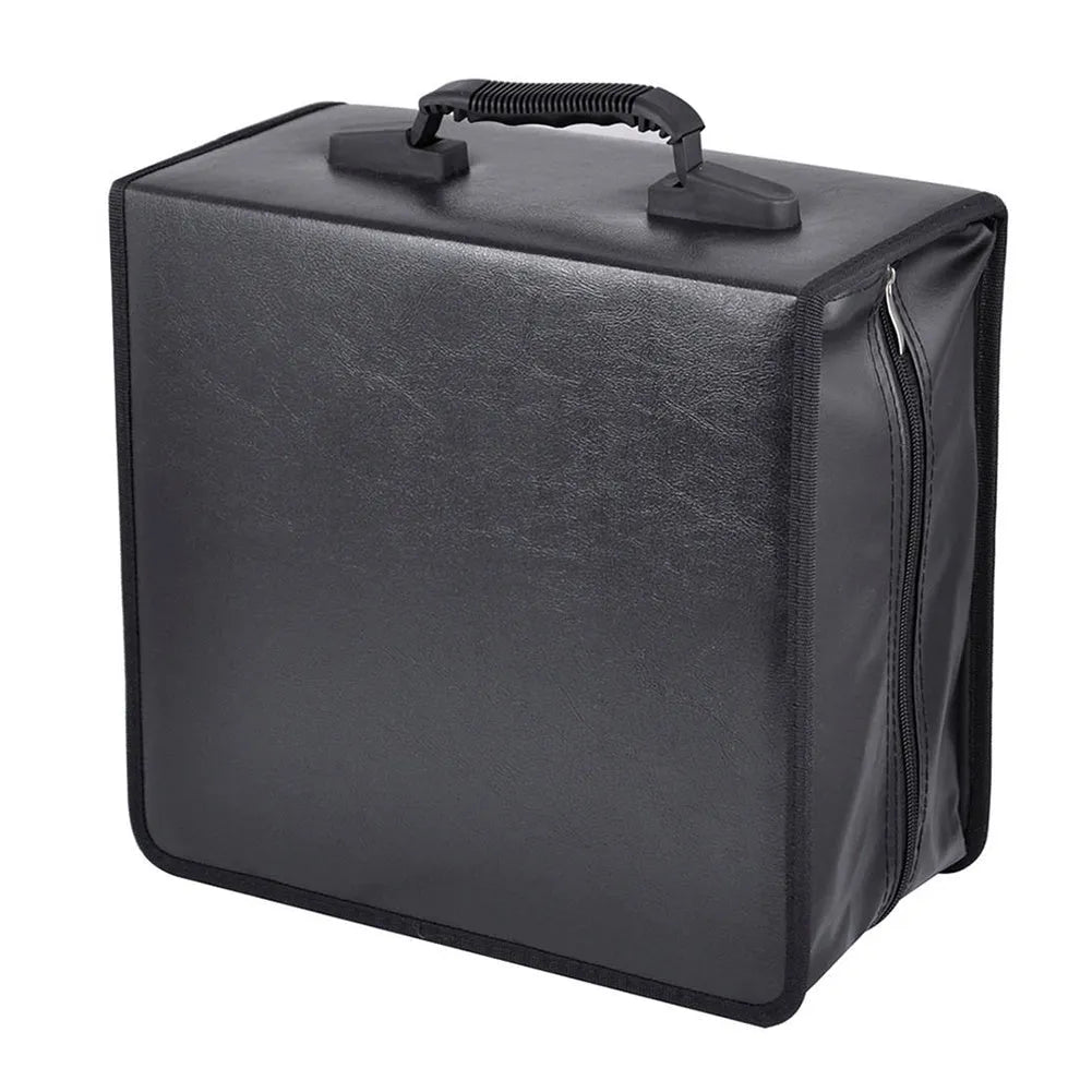 Black Oxford fabric CD storage bag with a hand strap and zipper closure