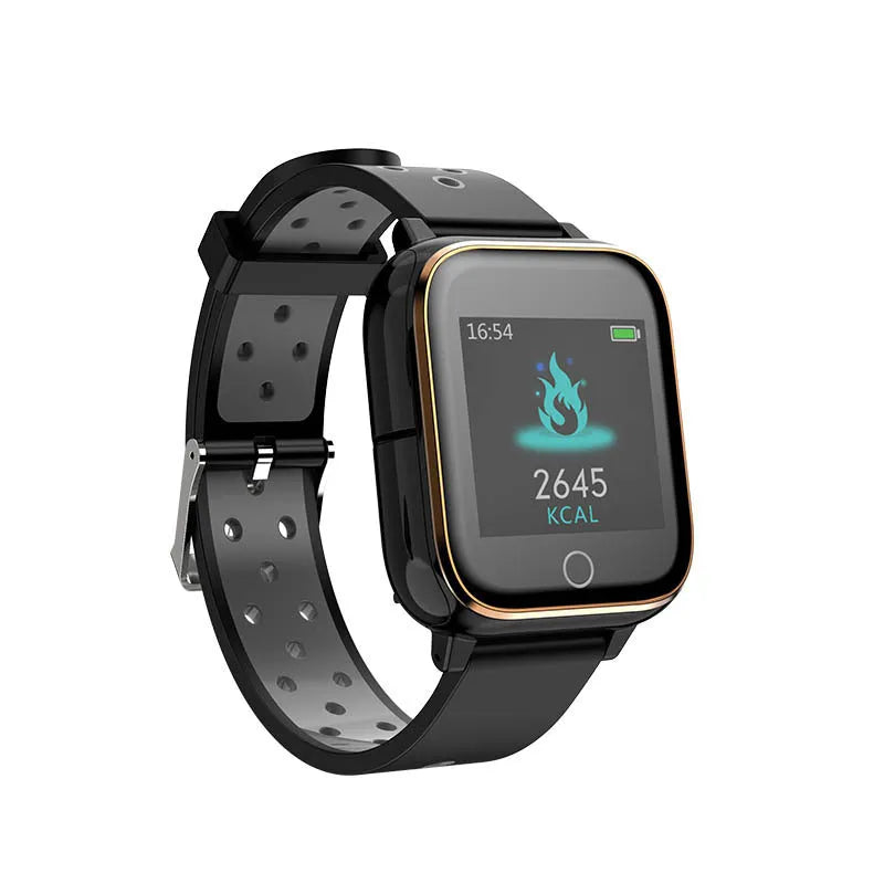 Black smartwatch with Bluetooth earbuds stored in the watch casing, showing the 1.4-inch screen.