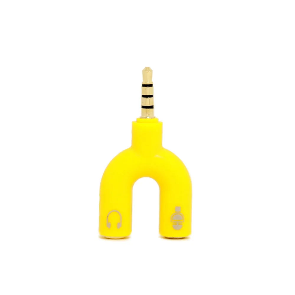 A compact white 3.5mm headphone splitter adapter with two female ports and one male jack.