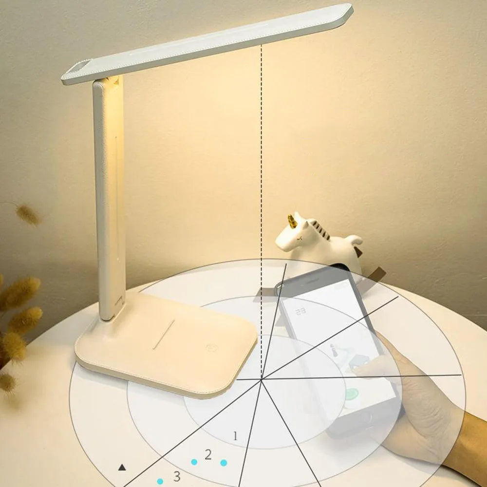 White USB rechargeable bedside lamp with touch dimming controls for children's bedrooms