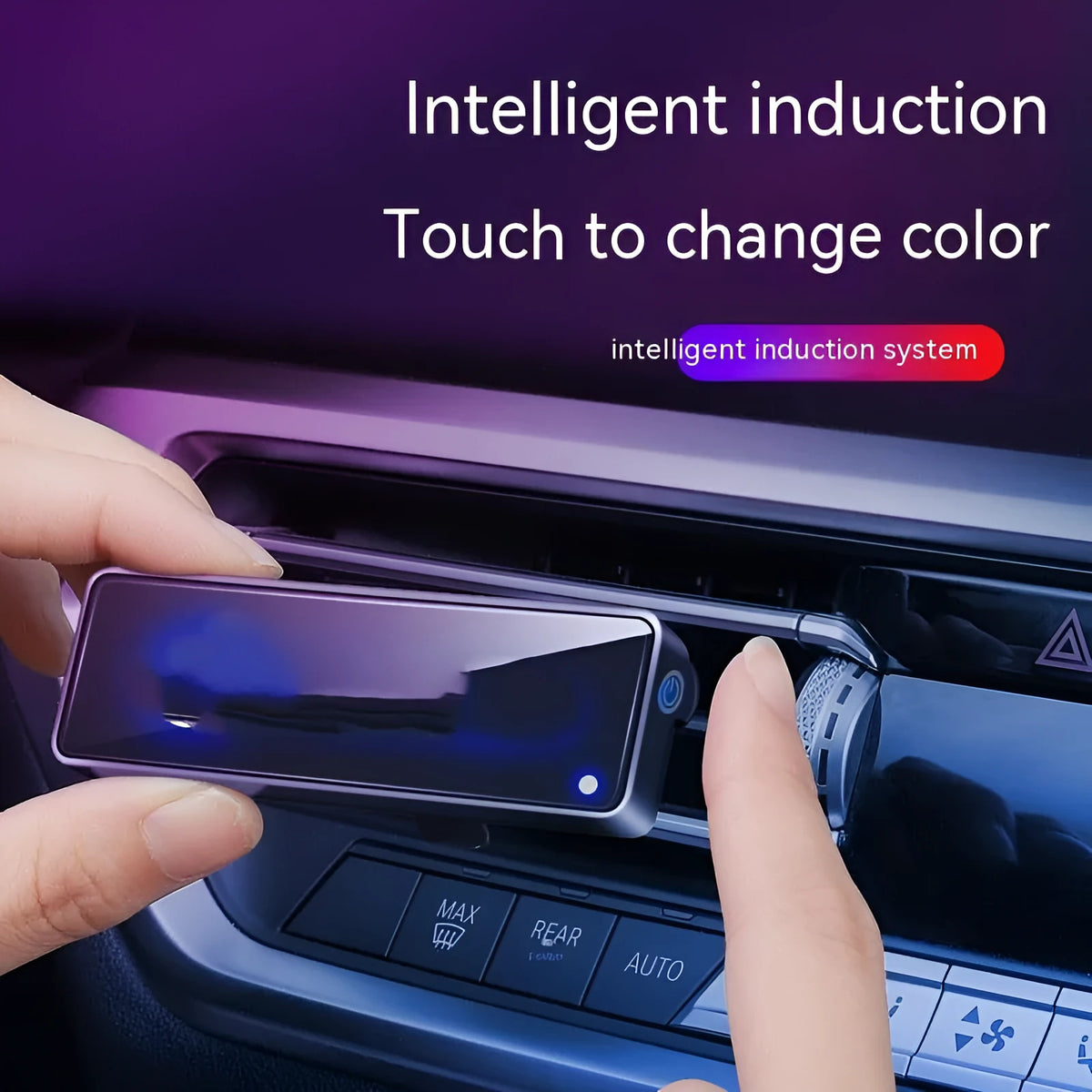 Black car air outlet perfume deodorant with LED lighting mounted in vehicle vent