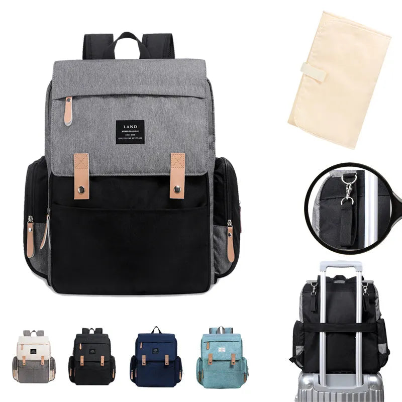 LAND Mommy MPB86 large grey oxford cloth diaper backpack with shoulder straps and changing mat.