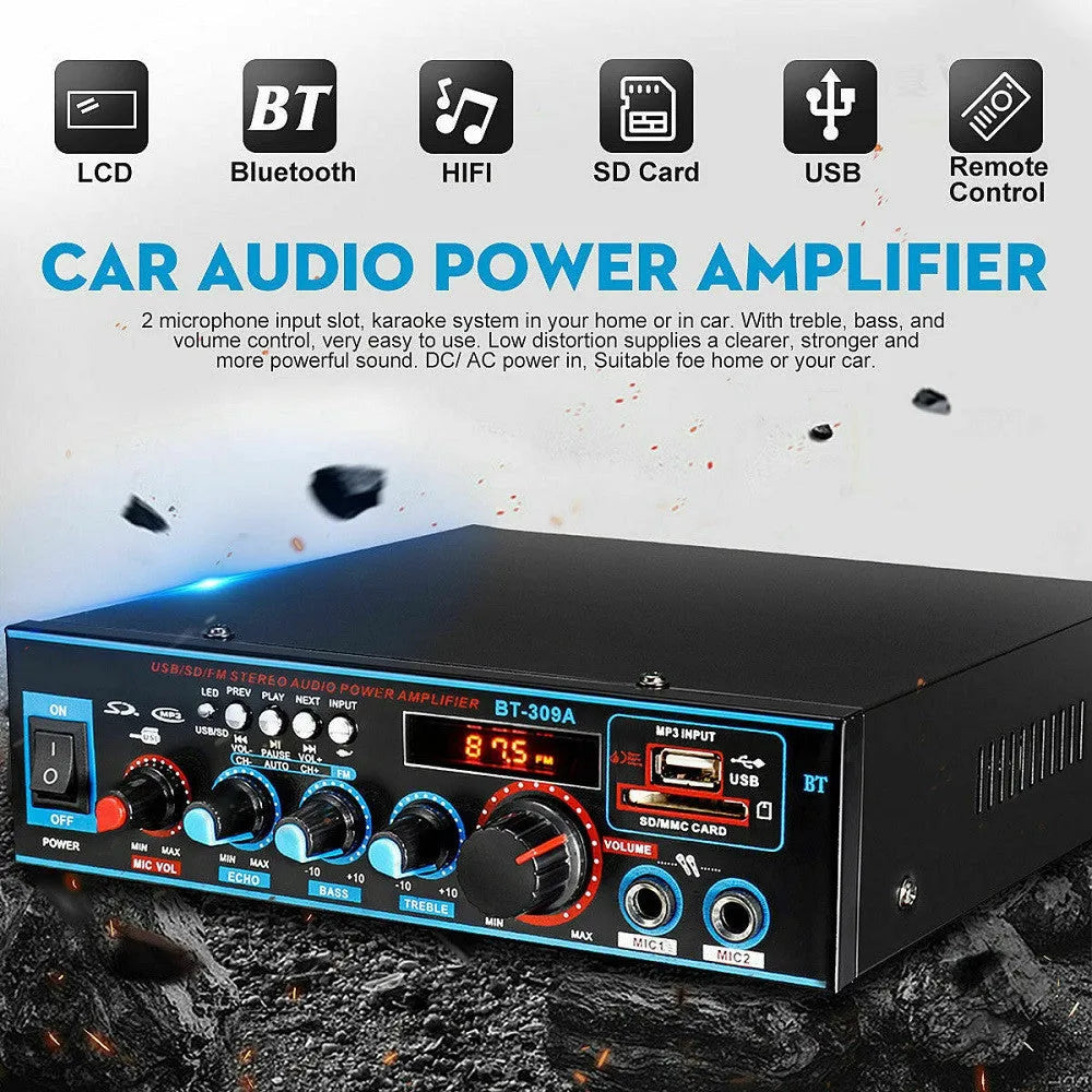 Black BT-309A-A dual-purpose power amplifier with Bluetooth and FM radio for home and car use