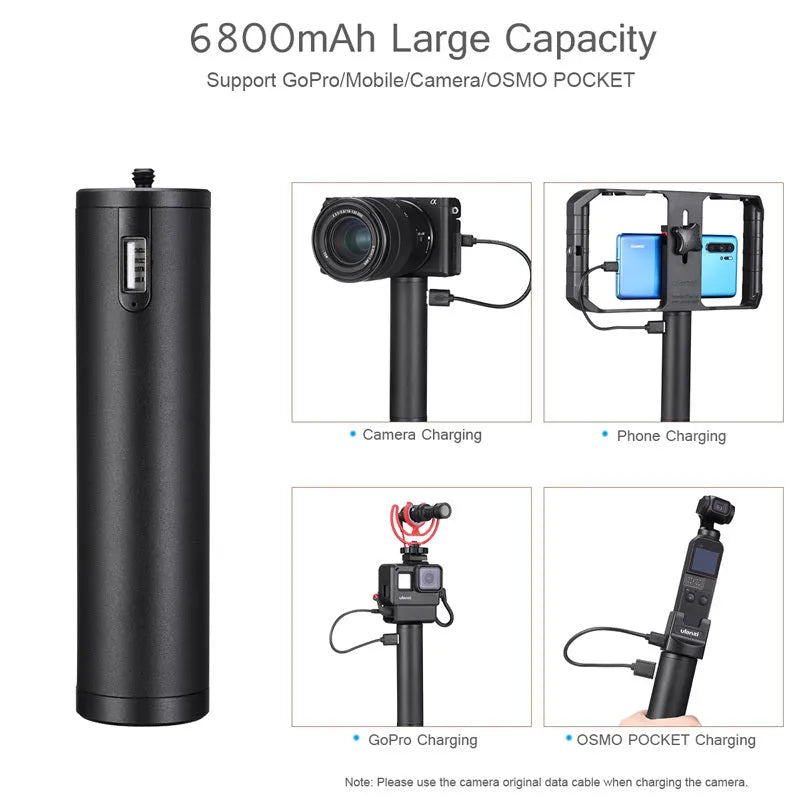 Black aluminium alloy power bank with an integrated handle, showing its compact size and Type C port.