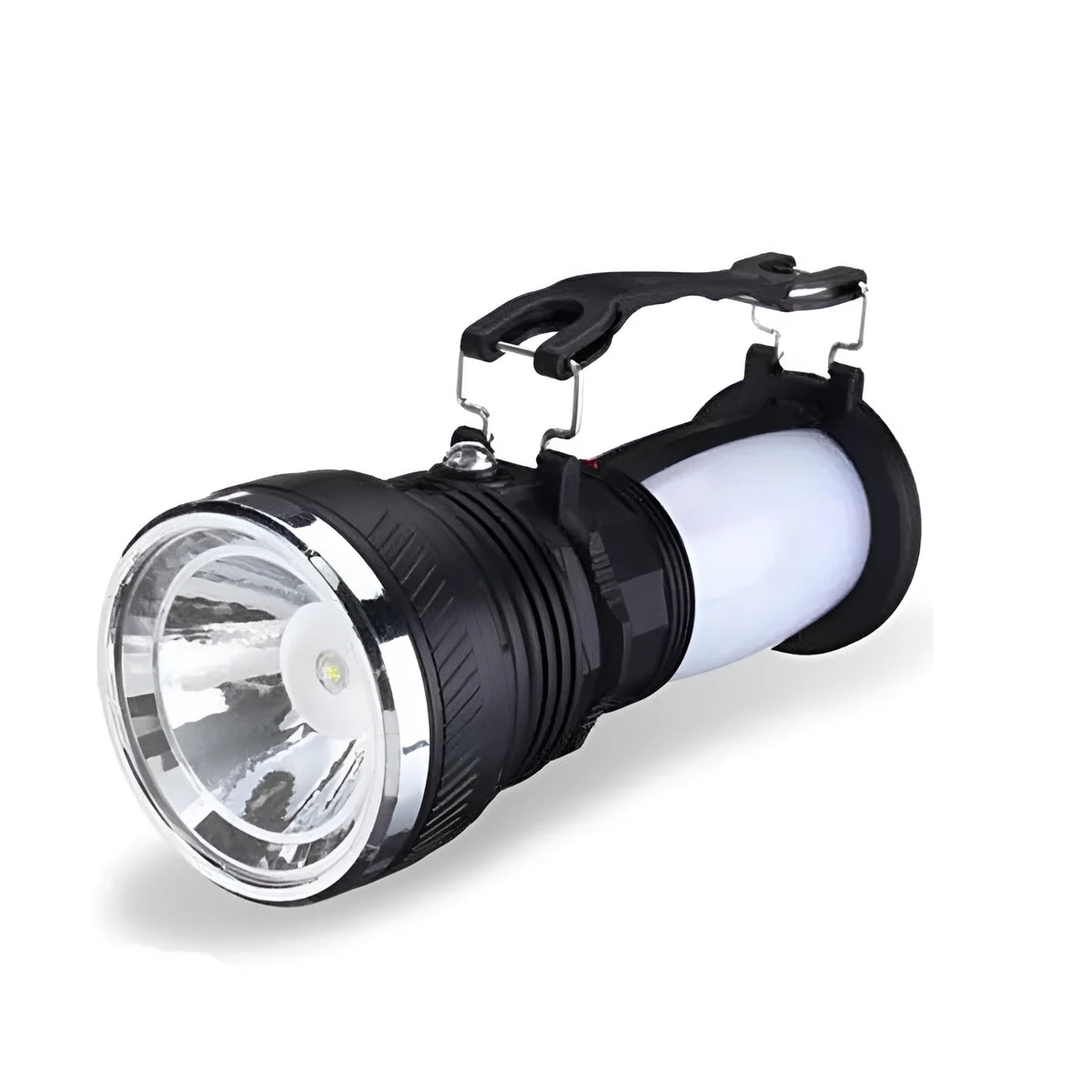 Black solar charging LED emergency flashlight with USB port and ABS plastic construction
