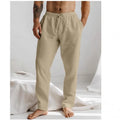Men's light blue cotton-linen summer trousers with elastic waistband and straight leg design